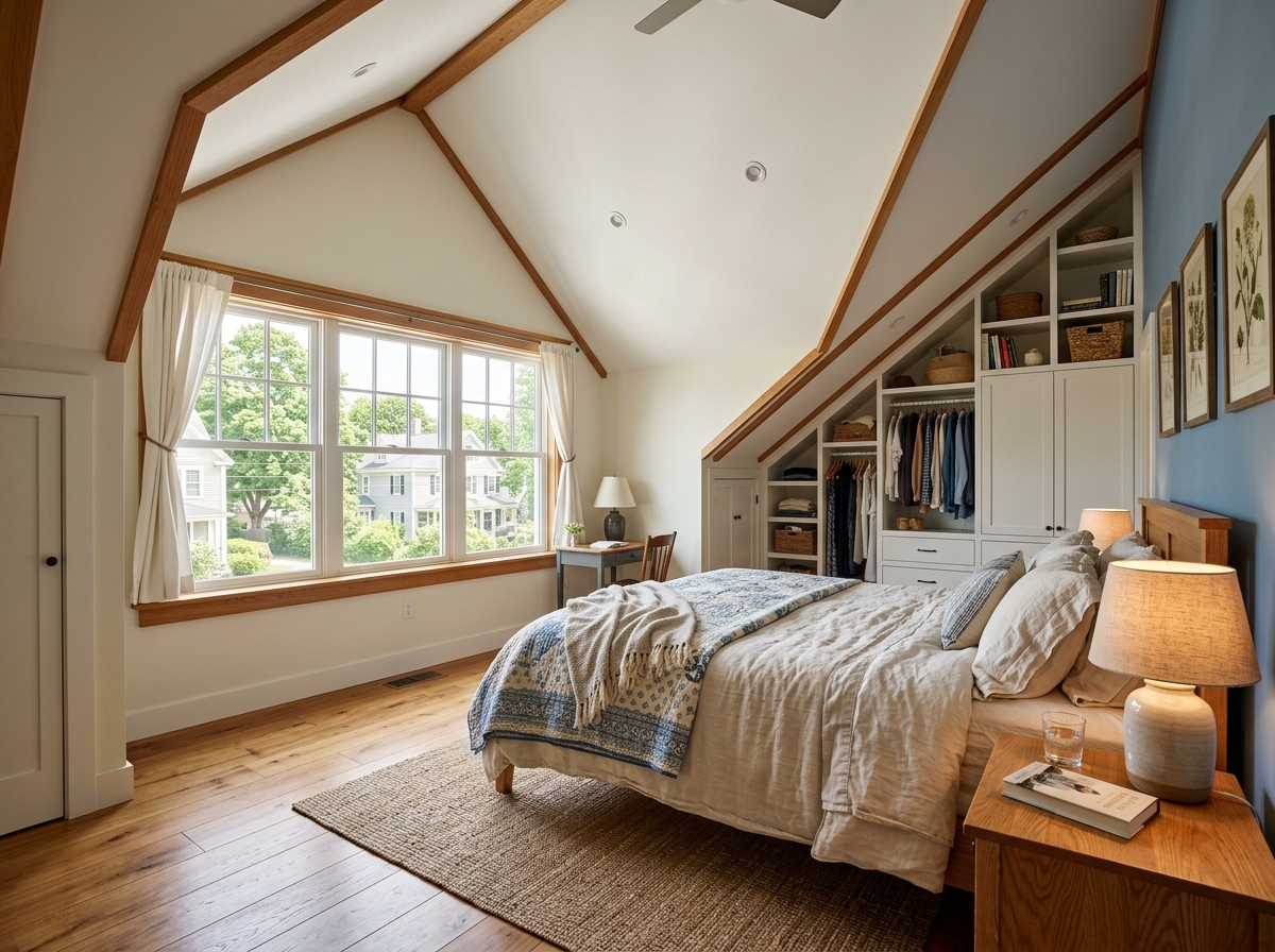 Finished attic conversion bedroom with sloped ceiling and dormer windows