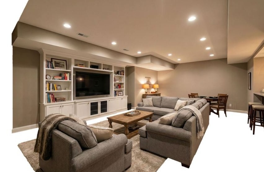 Finished basement living space with recessed lighting