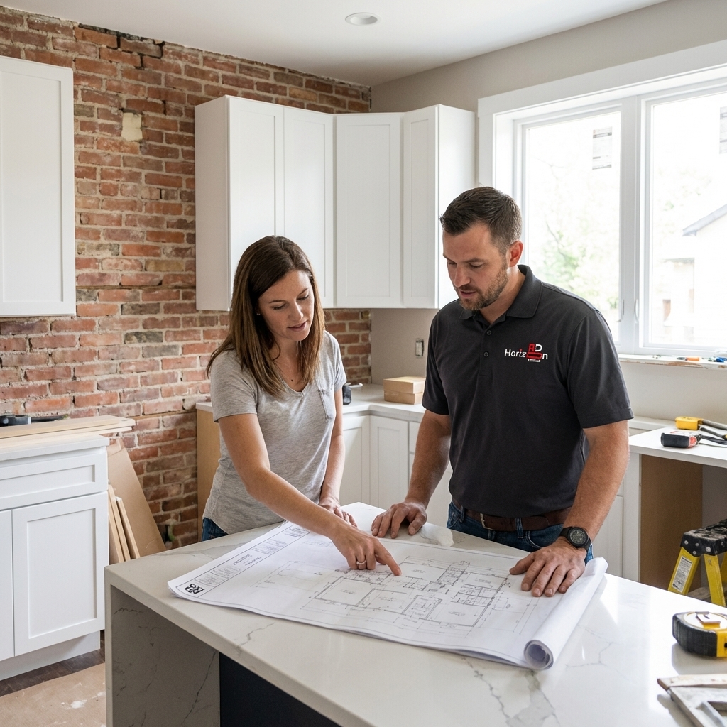 Design-build remodeling consultation with blueprints and material samples