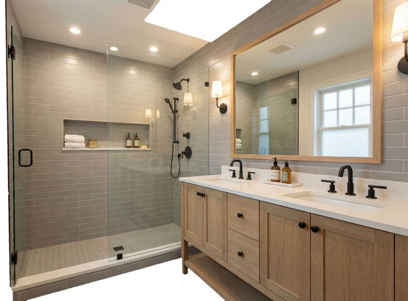 Completed primary bathroom remodeling project with walk-in shower