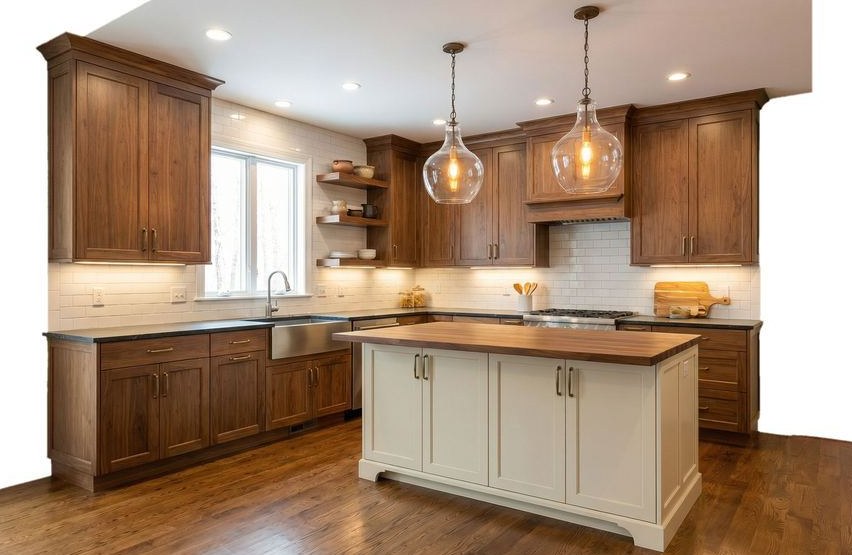 Completed kitchen remodeling project with warm wood cabinetry